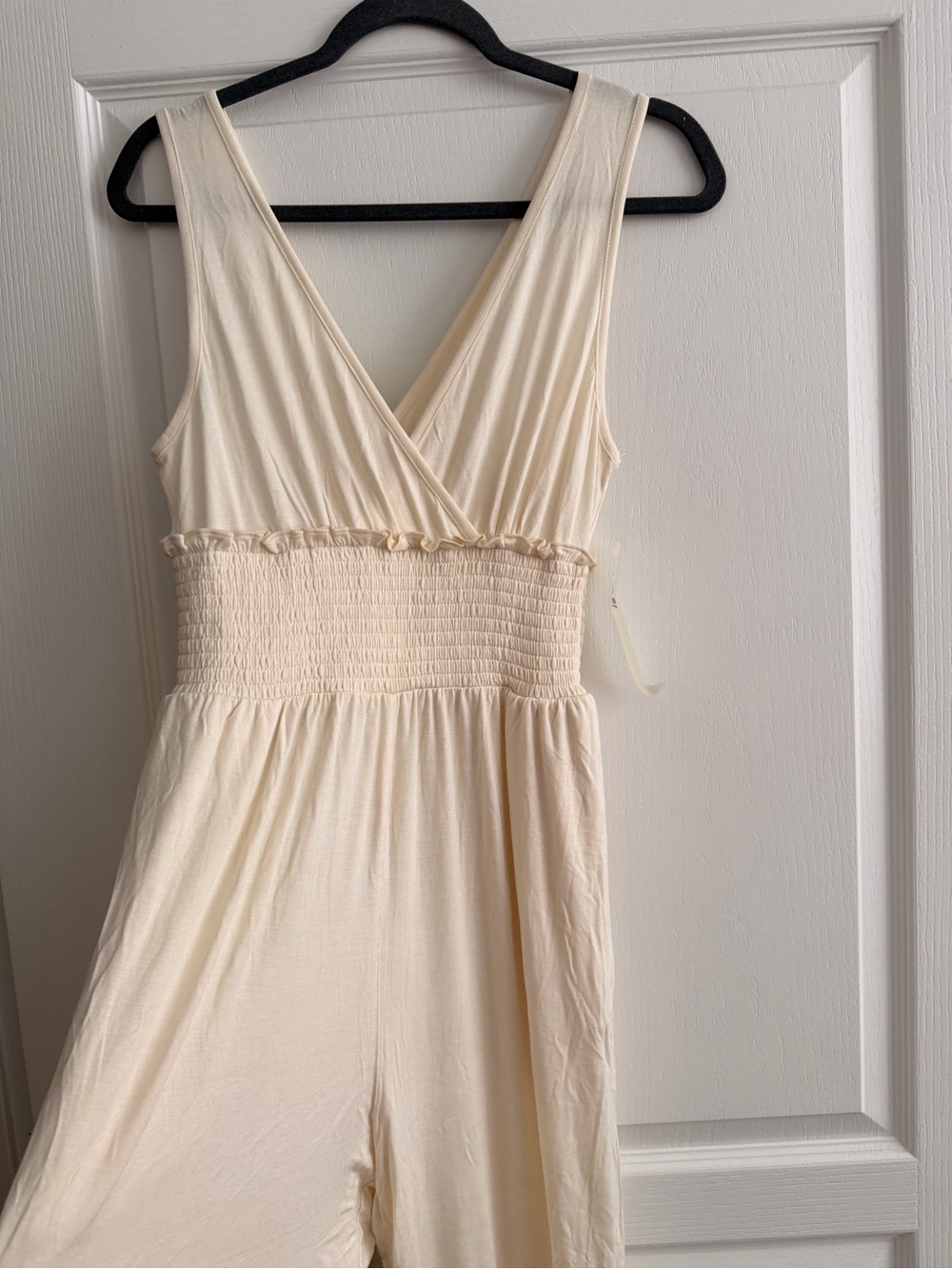 Mono B Cream Sleeveless Smocked-Waist Jumpsuit